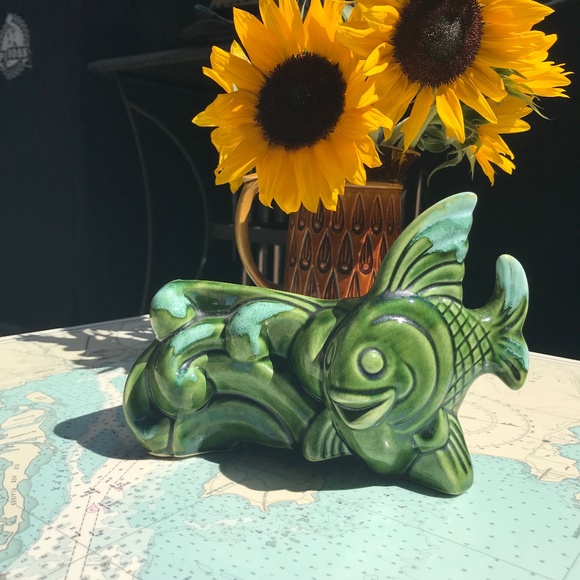 Vintage Ceramic Fish and Waves Planter